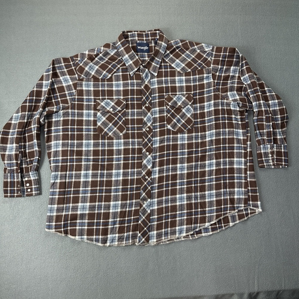 Wrangler Mens 4XL Flannel Shirt Blue Brown Plaid Pearl Snap Long Sleeve Western